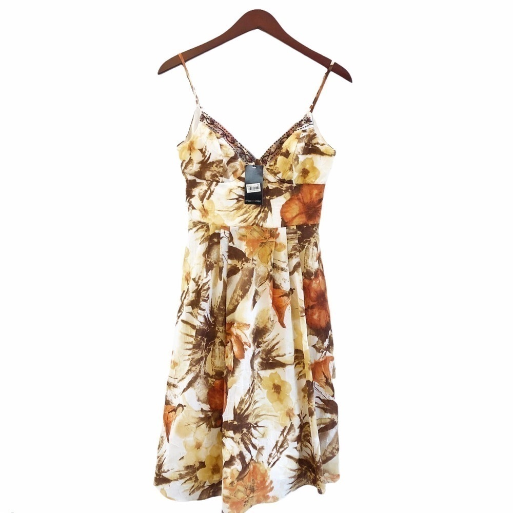 MAX AND CLEO NWT Beaded Sleeveless Floral Flare Dress Size 2 in Rust Multi